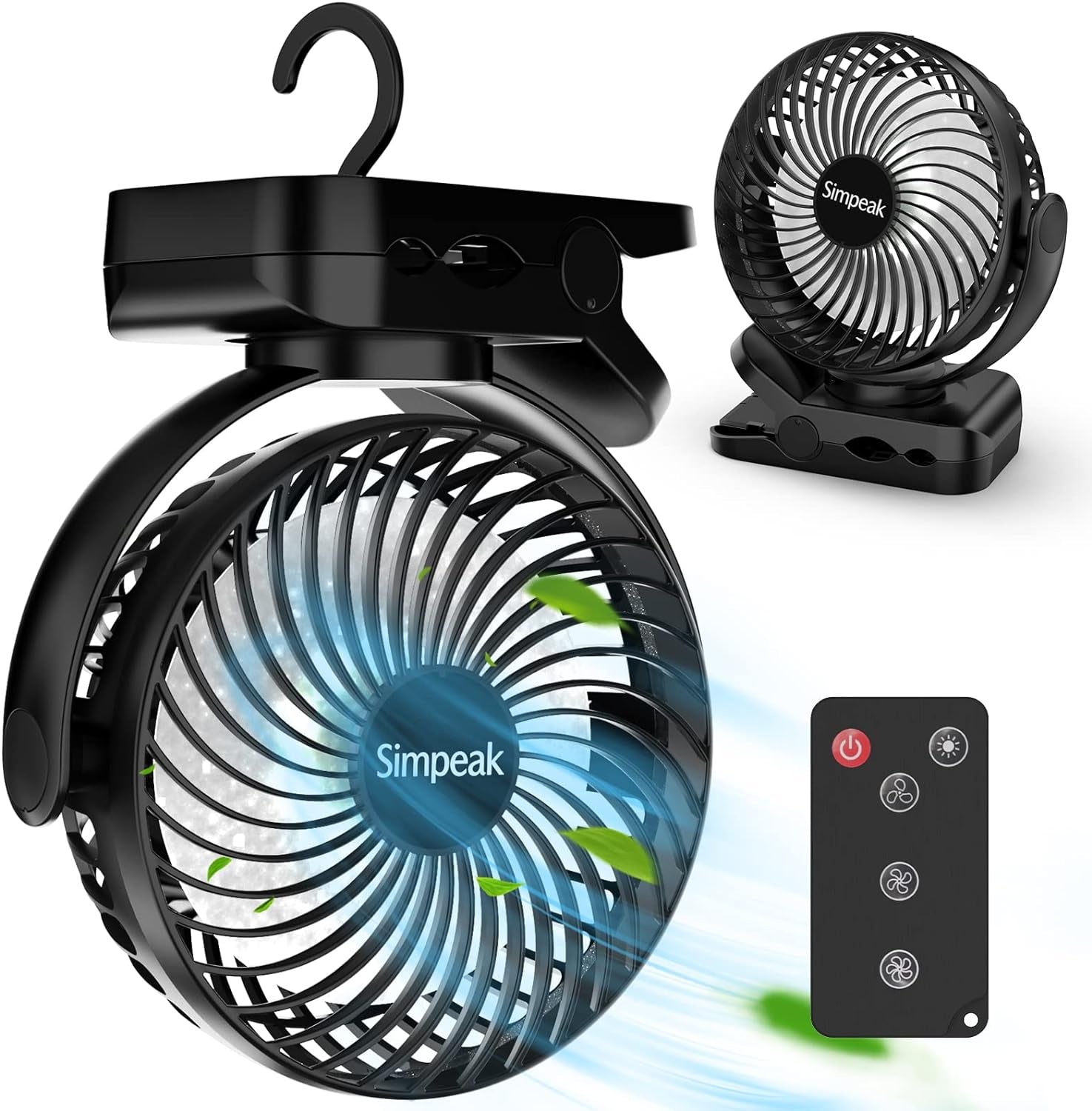 10000Mah Ventilatore Tavolo Clip Ventilatori USB Ricaricabile 3 Velocità 720 ° Angolo Regolabile Ventola Con Illuminazione Telecomando per Campeggio Casa Ufficio Passeggini Viaggi, Nero