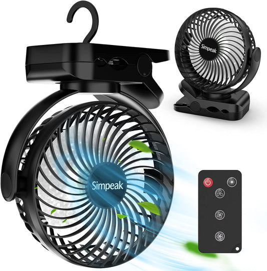 10000Mah Ventilatore Tavolo Clip Ventilatori USB Ricaricabile 3 Velocità 720 ° Angolo Regolabile Ventola Con Illuminazione Telecomando per Campeggio Casa Ufficio Passeggini Viaggi, Nero