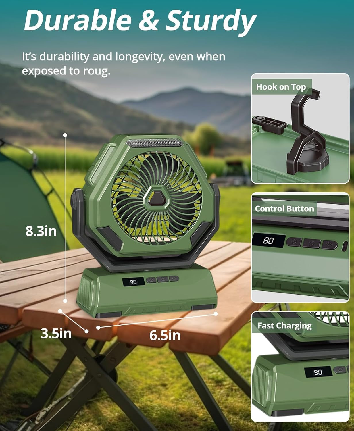 Ventilatore Da Campeggio 10000Mah, Ventilatore Da Tavolo Ricaricabile a 90°Oscillante Con Luce LED, Ventola Di Raffreddamento USB Con Gancio per Appendere in Viaggio, Pesca,