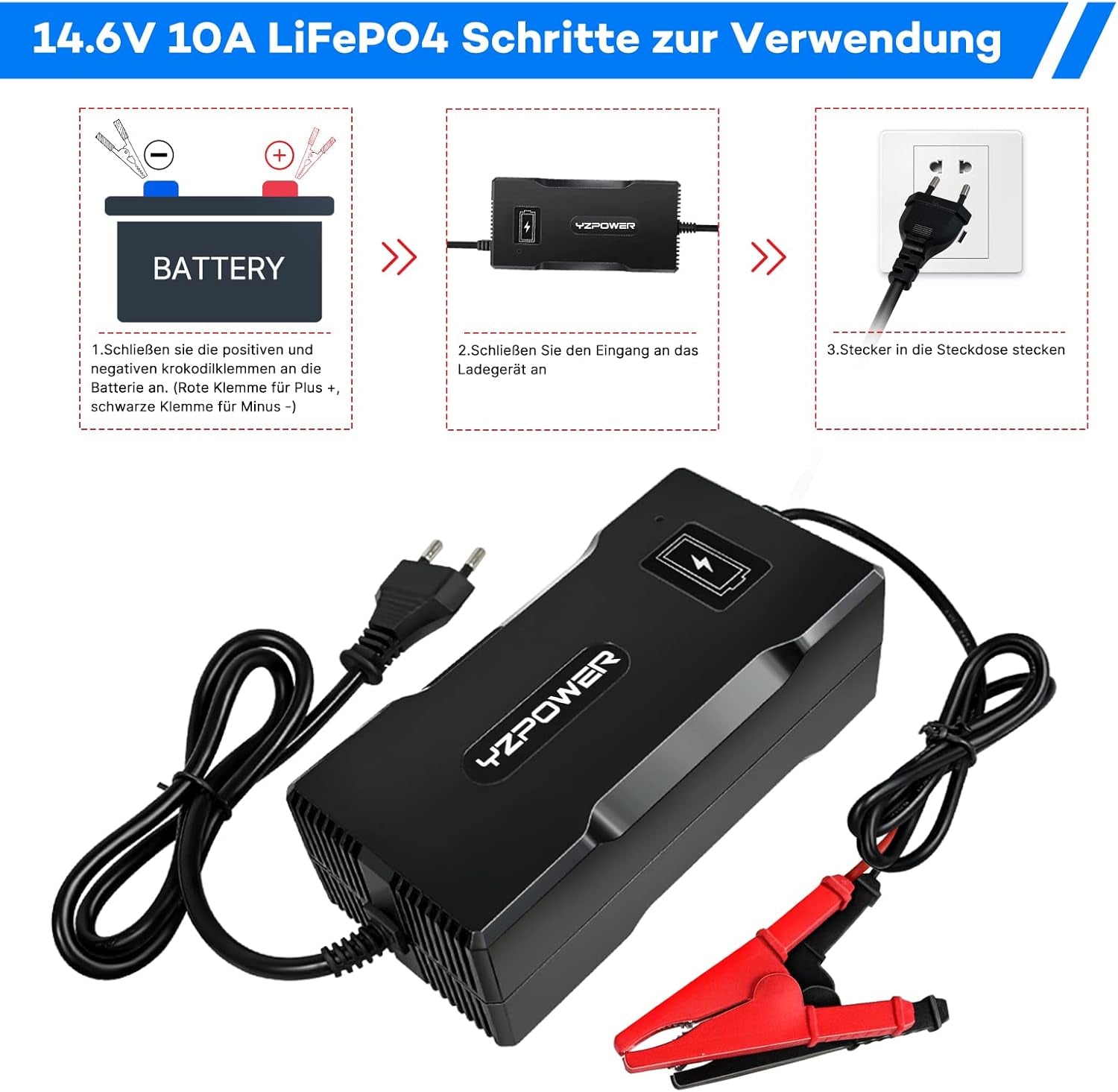 Lifepo4 - Caricabatterie Automatico Lifepo4, 14,6 V, 10 A, per Batteria Al Litio Da 12 V (12,8 V), Intelligente Ad Alte Prestazioni, Lifepo4, per Auto, Moto, Tosaerba