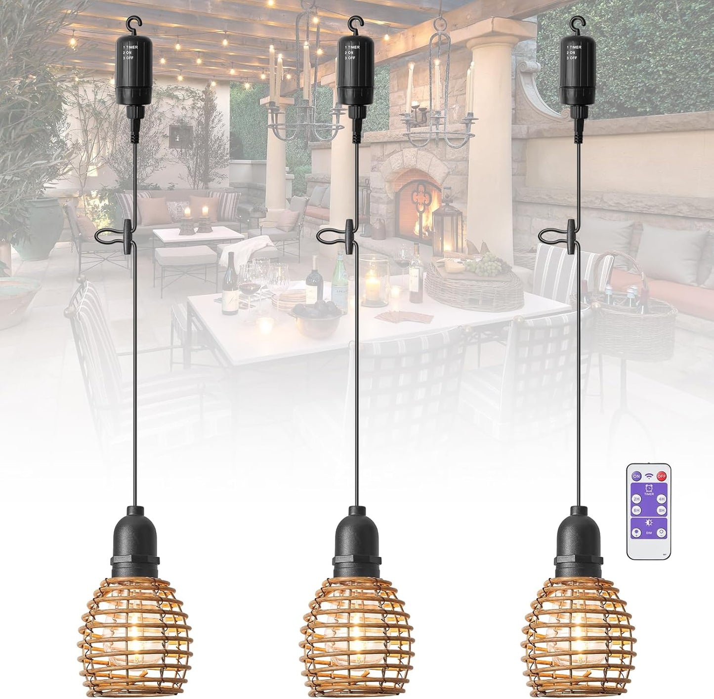 3 Pezzi Lampadario a Sospensione Esterni Con Batteria, Impermeabile Bianco Caldo Lampada a Sospensione Dimmerabile Con Telecomando, Timer per Giardino, Soggiorno, Camera Da Letto, Campeggio