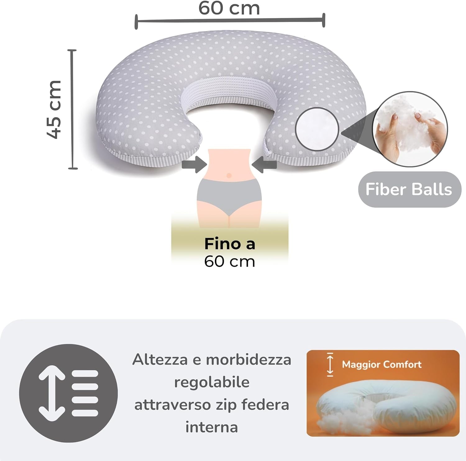 Cuscino Allattamento Neonato 2 Federe Con Laccetti 100% Cotone Lavabile E Sfoderabile Fascia Ergonomica Imbottitura in Fiber Balls Regolabile Made in Italy