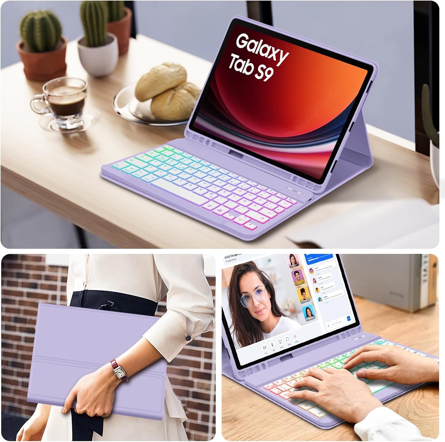 Tastiera Retroilluminata per Samsung Galaxy Tab S9 2023, QWERTZ Tastiera Retroilluminata Rimovibile Con Custodia per Galaxy Tab S9 11 Pollici 2023 (SM-X710/SM-X716B/SM-X718U), Viola