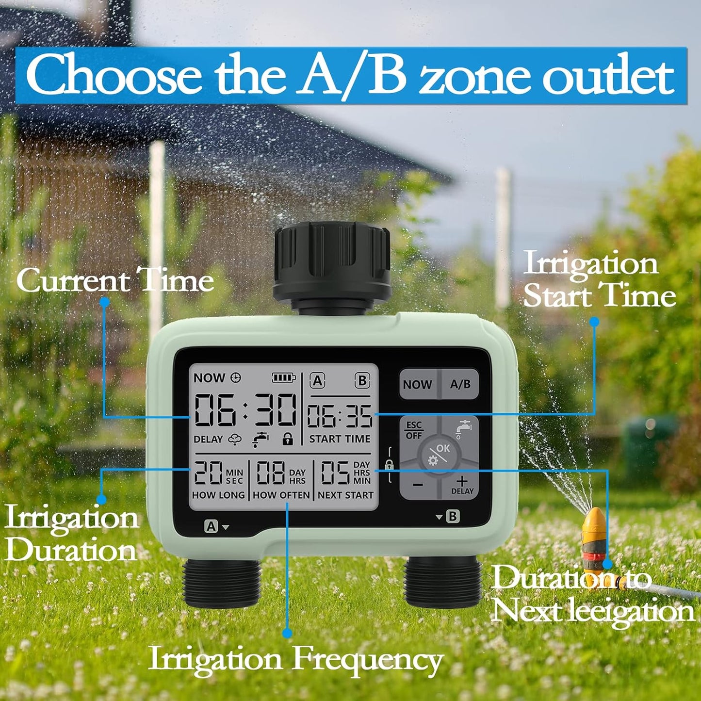 2 Uscite Centralina Irrigazione Giardino Timer Irrigazione Automatico Programmatore Irrigazione /IP5X Impermeabile/Ritardo Pioggia/Modalità Di Irrigazione Manuale/Funzione Di Blocco Bambini