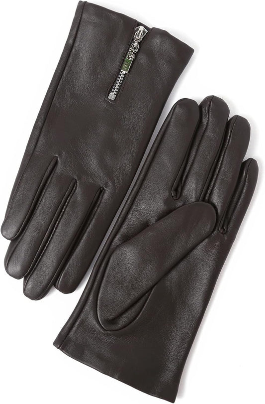 Guanti in Pelle Di Agnello Donna Polsini Con Cerniera E Polsini Caldi Riscaldati per Abbigliamento Da Lavoro Invernale Motocicletta Regalo, Marrone M