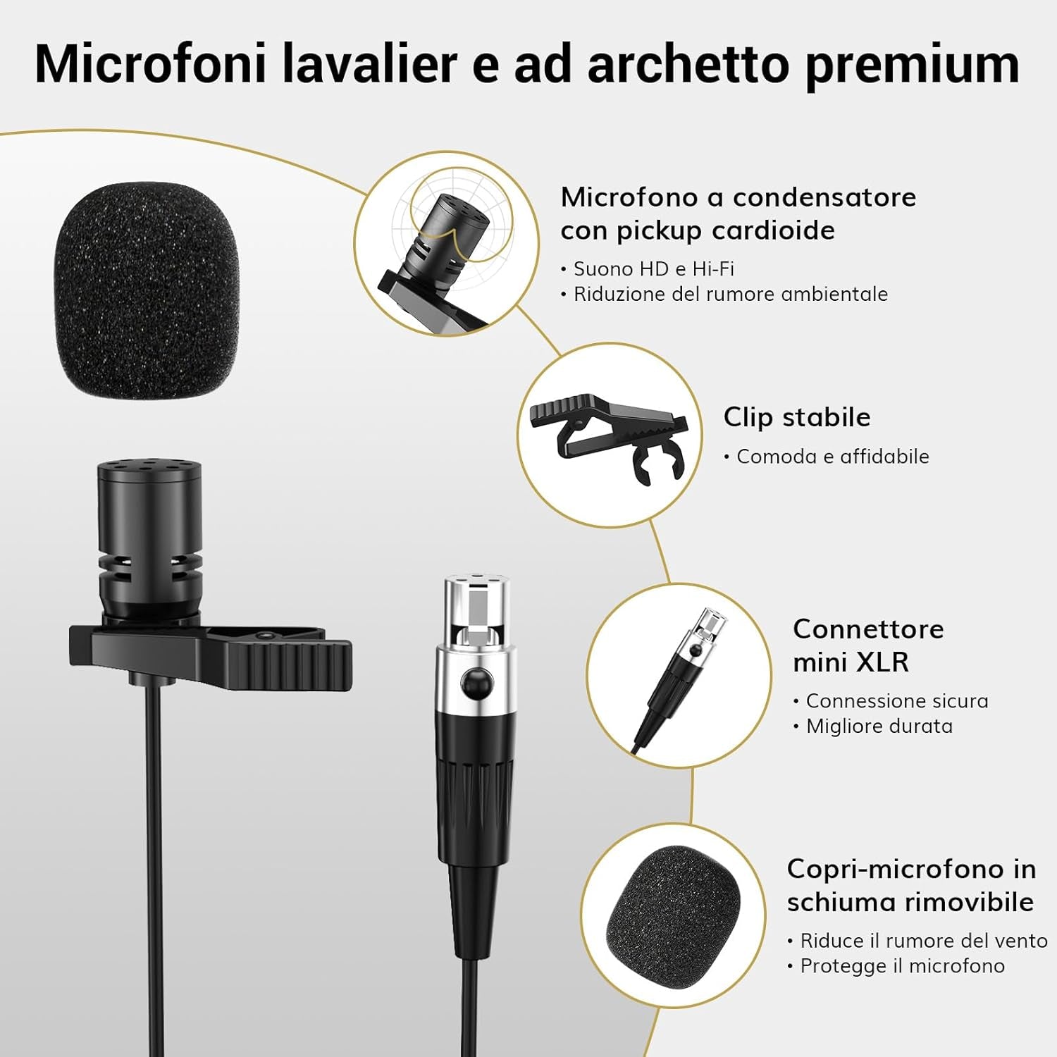 Microfono Wireless UHF Con Microfono Archetto/Lavalier Microphone Lapel Mic E Trasmettitore Bodypack E Mini Ricevitore Ricaricabile 1/4" Uscita, Distanza 60M Segnale Stabile per Prestazioni Live