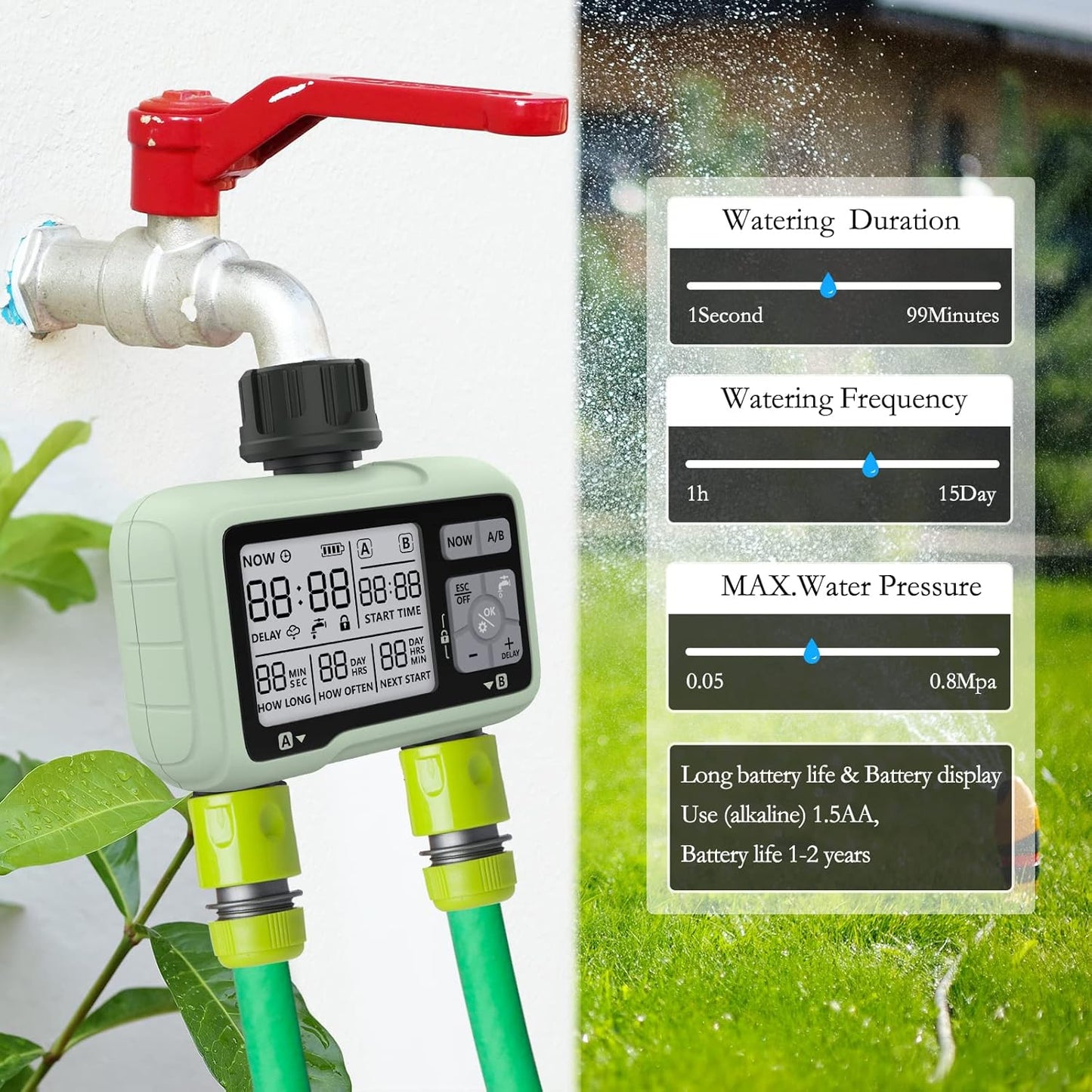 2 Uscite Centralina Irrigazione Giardino Timer Irrigazione Automatico Programmatore Irrigazione /IP5X Impermeabile/Ritardo Pioggia/Modalità Di Irrigazione Manuale/Funzione Di Blocco Bambini