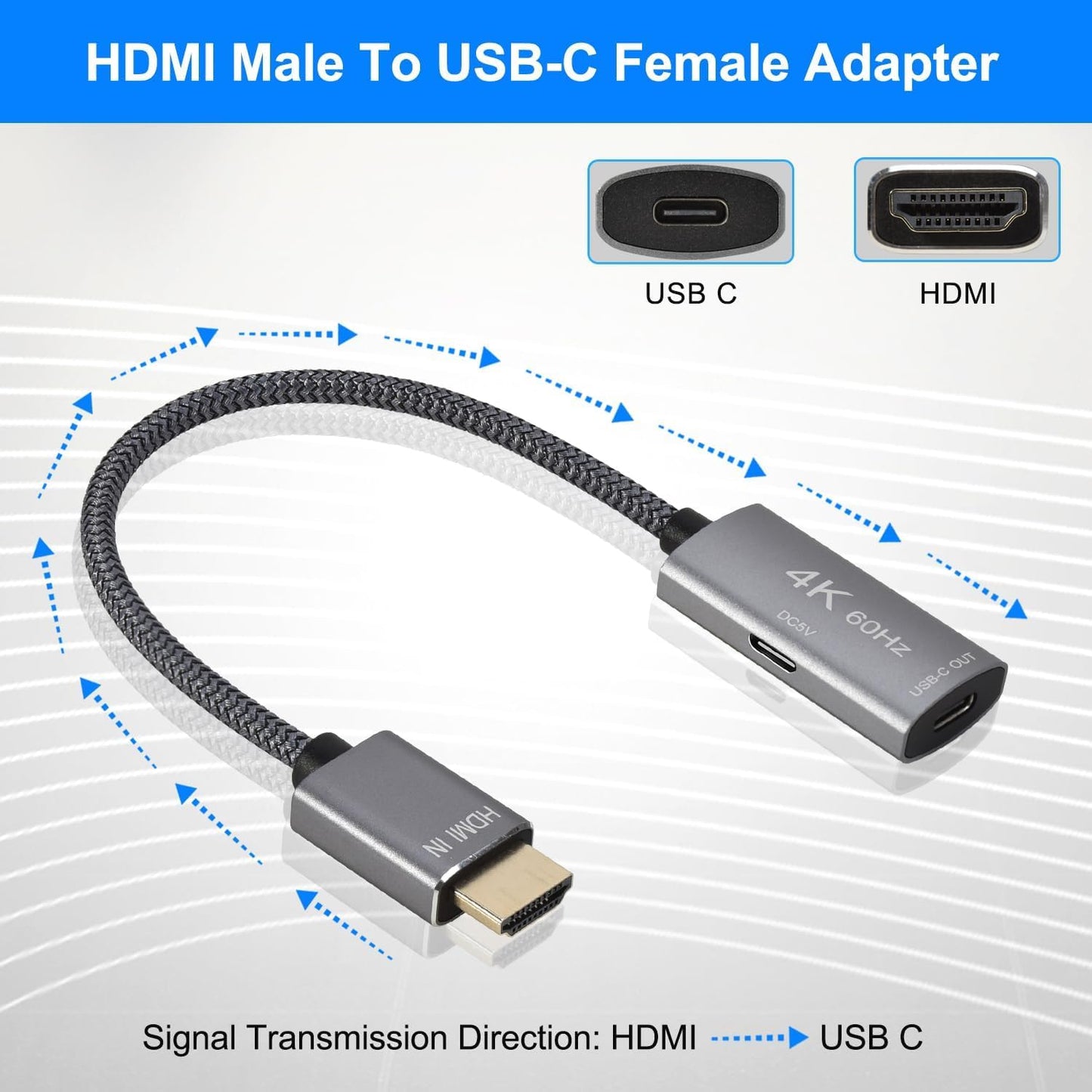Adattatore Cavo USB-C Femmina a HDMI Maschio,Convertitore Ingresso USB Tipo C 3.1 a Uscita Hdmi,Adattatore 4K 60Hz USBC Thunderbolt 3 per Monitor,Macbook Pro,Mac Air,Chromebook Pixel