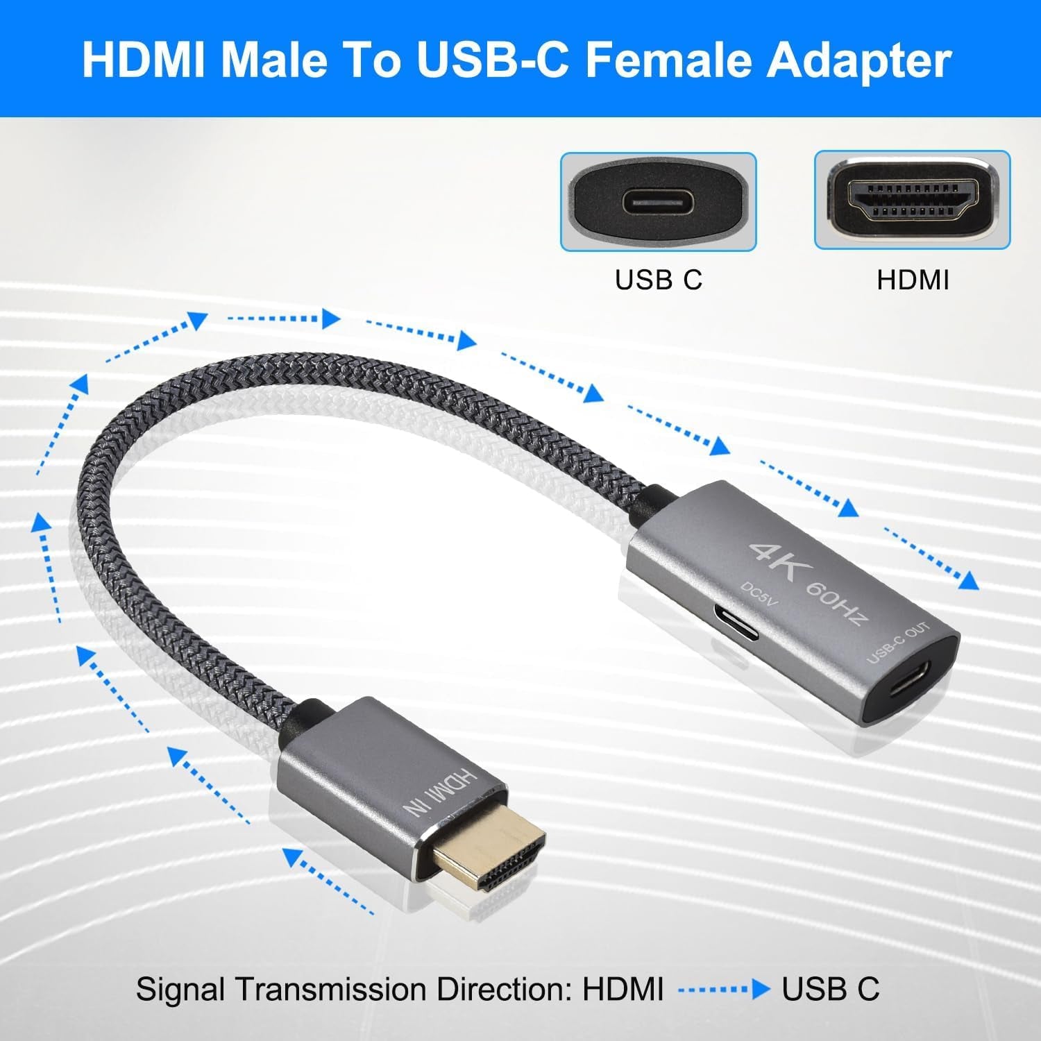 Adattatore Cavo USB-C Femmina a HDMI Maschio,Convertitore Ingresso USB Tipo C 3.1 a Uscita Hdmi,Adattatore 4K 60Hz USBC Thunderbolt 3 per Monitor,Macbook Pro,Mac Air,Chromebook Pixel