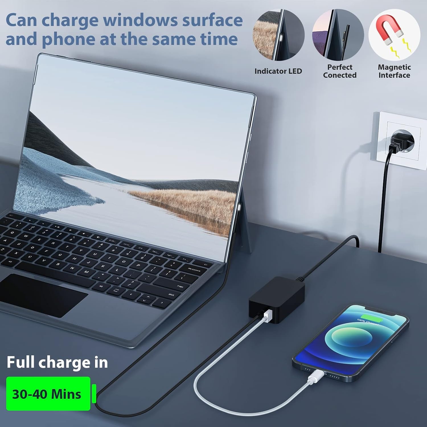 65W Alimentatore Surface 15V 4A Caricatore Caricabatterie per Microsoft Surface Pro 11/10/X/9/8/7/7+/ 6/5/4, Surface Laptop 7/6/5/4/3/2, Surface Book 3/2/1 Surface Go 4/3/2 1706 1800 Con USB