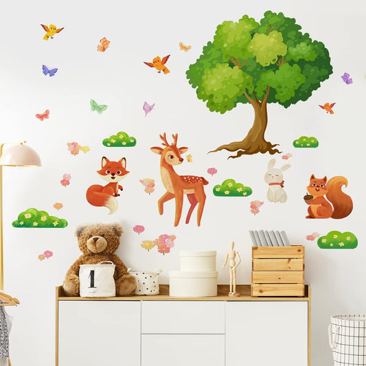 Animaux De La Forêt Stickers Muraux Cerfs Stickers Écureuil Stickers Muraux Vinyle Papillon Mur Art Arbre Décor Peint À La Main Oiseaux Art Autocollant Pour Chambre D'Enfant Bébé Pépinière