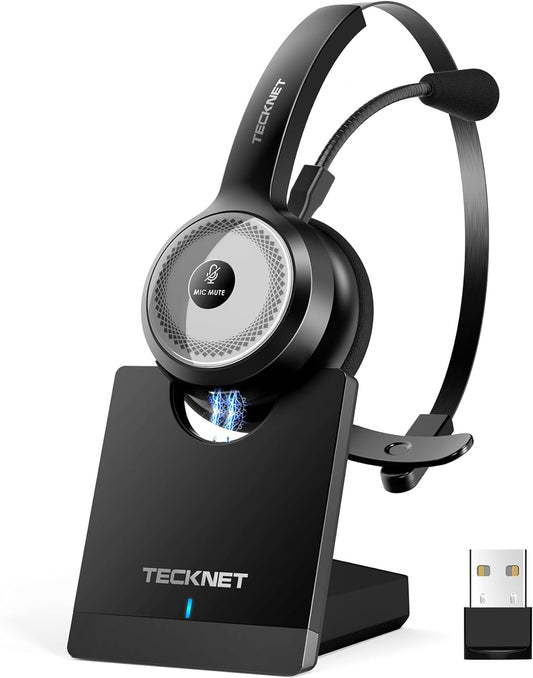 Cuffie Bluetooth Senza Fili Con Microfono, Cuffie Wireless per PC Con Cancellazione Del Rumore AI, Cuffie Sull'Orecchiocon Stazione Di Ricarica, per Camionista, Ufficio, Call Center