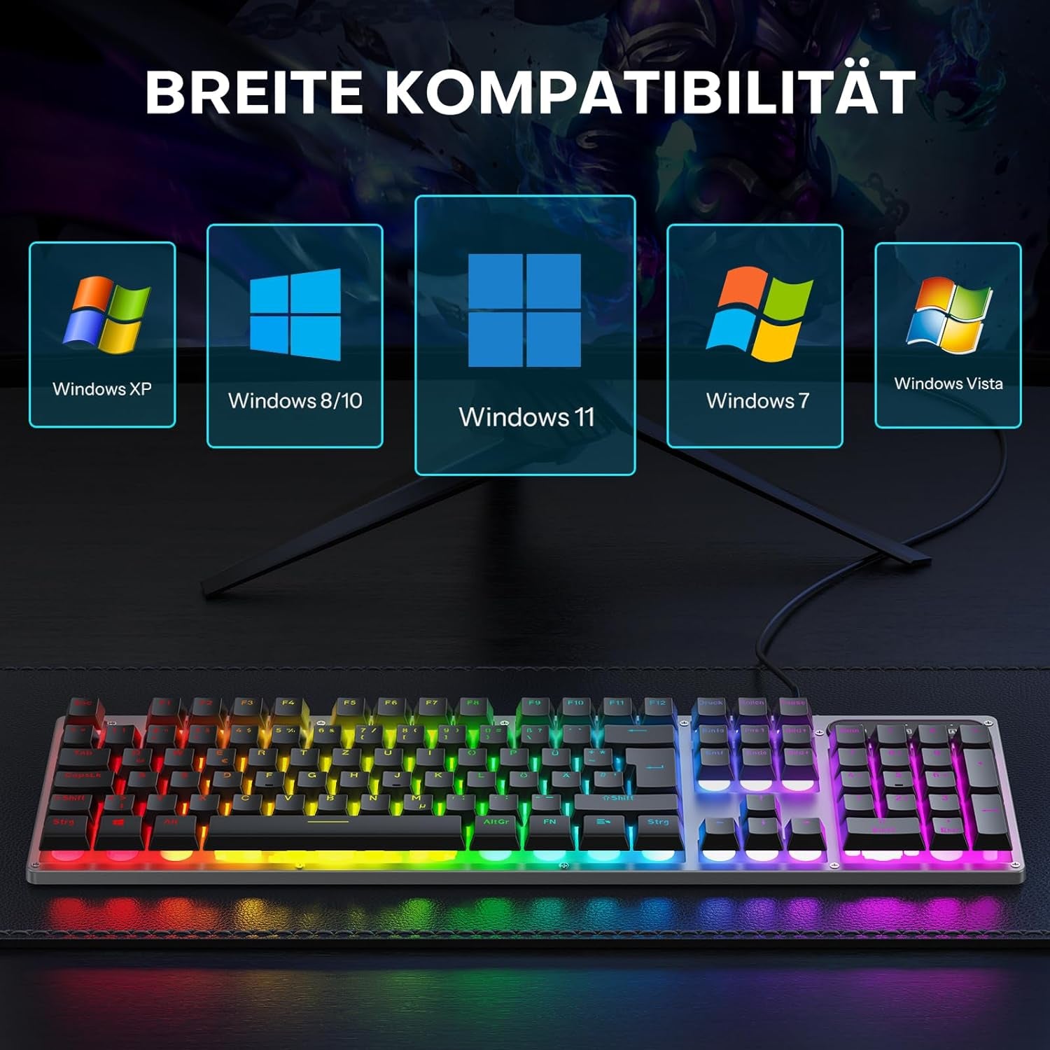 Tastiera da gioco cablata OMOTON, tastiera full-size con tasti multimediali per Windows, 26 tasti senza conflitti, layout QWERTZ tedesco