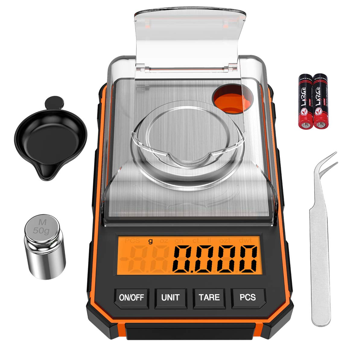 Bilancia Digitale Di Precisione, 50G/0,001G Mini Bilancia Tascabil Con Peso Di Calibrazione Da 50G E Pinzette Elettrostatiche, Bilancia Da Cucina Con Tara E LCD Retroilluminato - Arancia