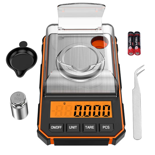 Bilancia Digitale Di Precisione, 50G/0,001G Mini Bilancia Tascabil Con Peso Di Calibrazione Da 50G E Pinzette Elettrostatiche, Bilancia Da Cucina Con Tara E LCD Retroilluminato - Arancia
