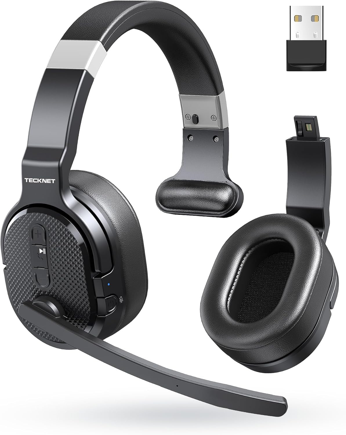 Cuffie Bluetooth Con Microfono, USB Dongle Cancellazione Del Rumore Singolo E Doppio Auricolare Senza Fili Con 3 Modalità Di Musica EQ, Cuffie PC per Call Center, Ufficio, Camion