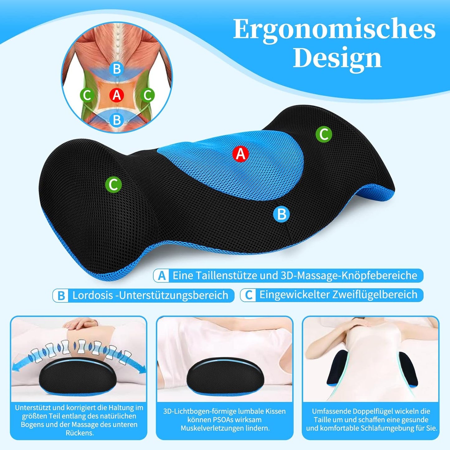 SAHEYER Cuscino lombare Cuscino per schienale ortopedico in memory foam, Cuscino lombare Design ergonomico per letto lombare, divano, sedia, sedia per auto e ufficio, Blu