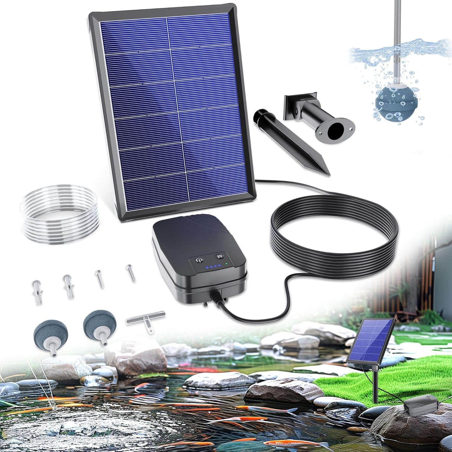 Aeratore per Stagno, Pompa Di Ossigeno per Stagno Solare, 4W, per Acquario, Pompa Di Ossigeno Con Ack, Pompa Ad Ossigeno, Stagno, 3 Modalità, 2 Pietre per Laghetto Da Giardino, Pesca