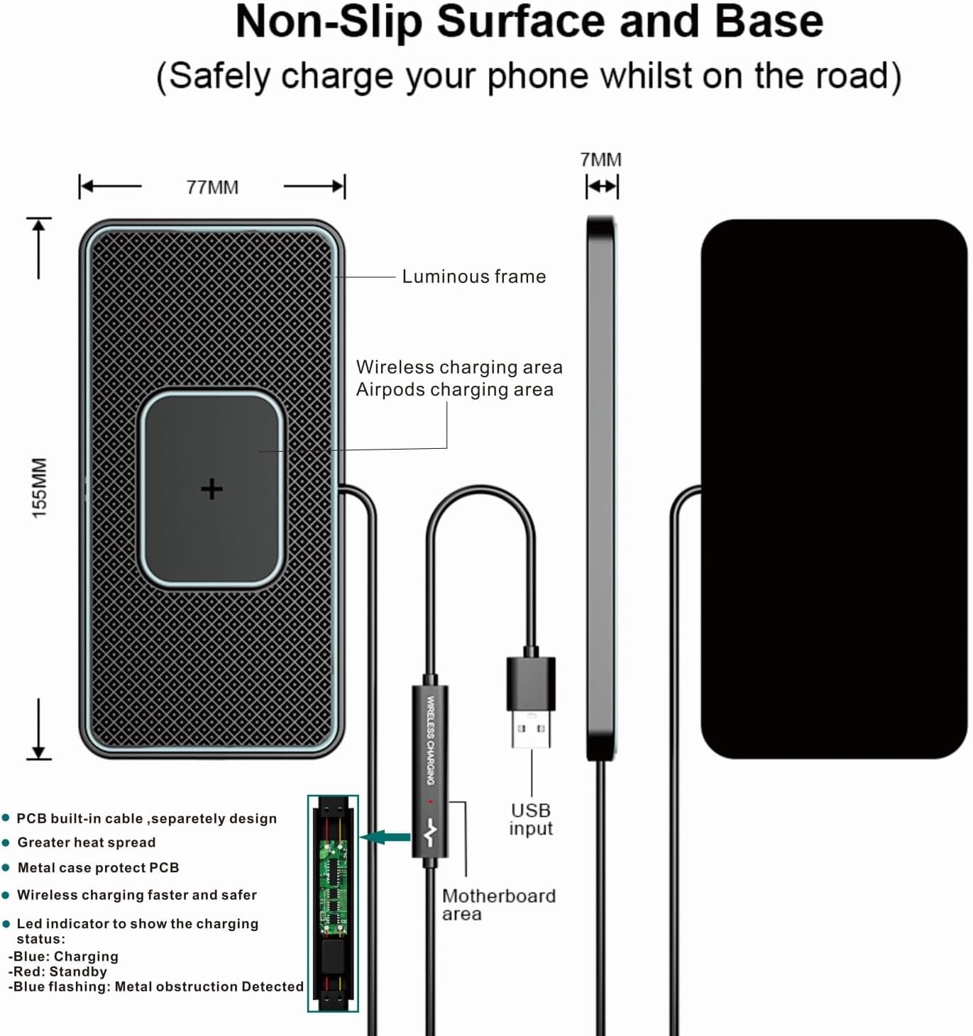 Caricatore Wireless Auto Pad, 15W Caricabatteria Wireless Rapido Qi,Tappetino Di Ricarica Wireless Antiscivolo,Caricatore Senza Fili Ultra Magro Compatibile per Iphone,Airpods,Samsung E Altri