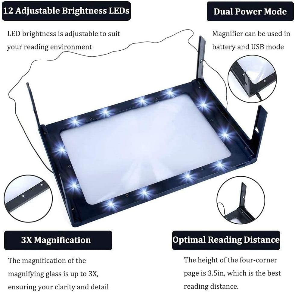 Lente D'Ingrandimento in Formato DIN A4, Strumento Di Lettura a Schermo Intero per Ingrandimento 3X, 12 LED Dimmerabili Antiriflesso, Supporto Pieghevole, Lente Da Lettura Utilizzabile a Mani Libere,