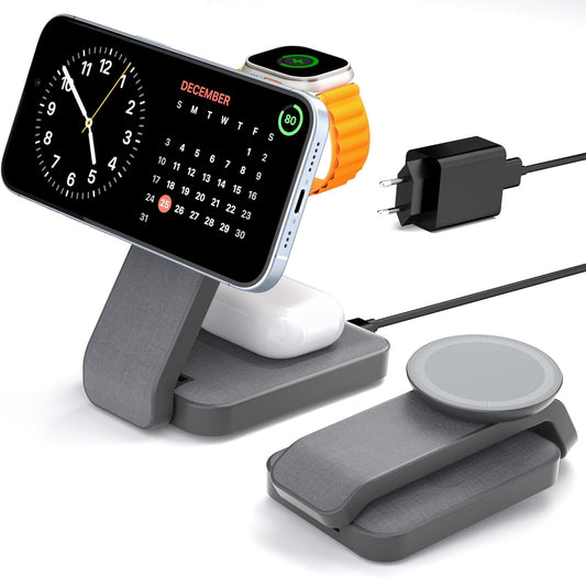 Stazione Di Ricarica Magnetica 3 in 1, Caricabatterie Wireless Pieghevole Stazione Di Ricarica Wireless Compatibile Con Iphone Watch Air-Pods