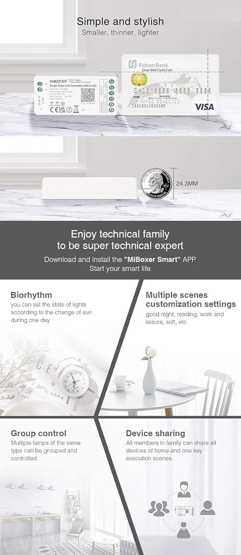 ®, Miboxer Dimmer Controller per Strisce LED Wifi Monocolore, Controllo Vocale Remoto E Controllo APP, Nessun Wifi-Box Necessario, Bluetooth 4.2, FUT036W