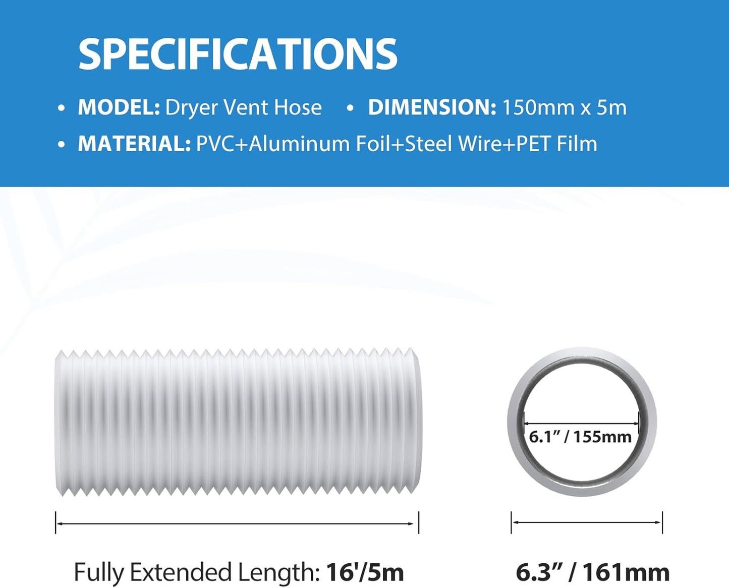 150Mm Condotti Tubo Di Ventilazione Flessibile in Alluminio PVC per Aerazione Domestica, Hydroponics (Ø150Mm*5M, Bianca)