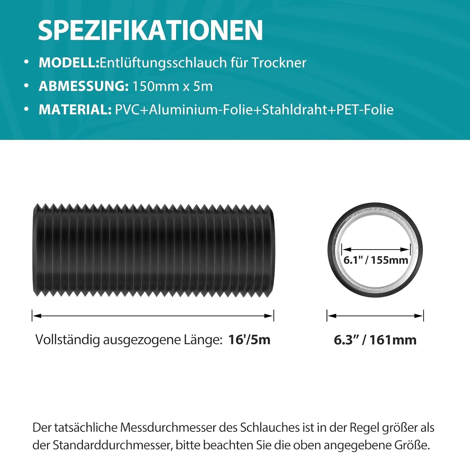 Ø150Mm Tubo Di Scarico Condotto Di Ventilazione Flessibile in Alluminio Silenziatore Isolamento Termico per Condizionatori D'Aria, Asciugatrici E Cappe Da Cucina Lunghezza 5M