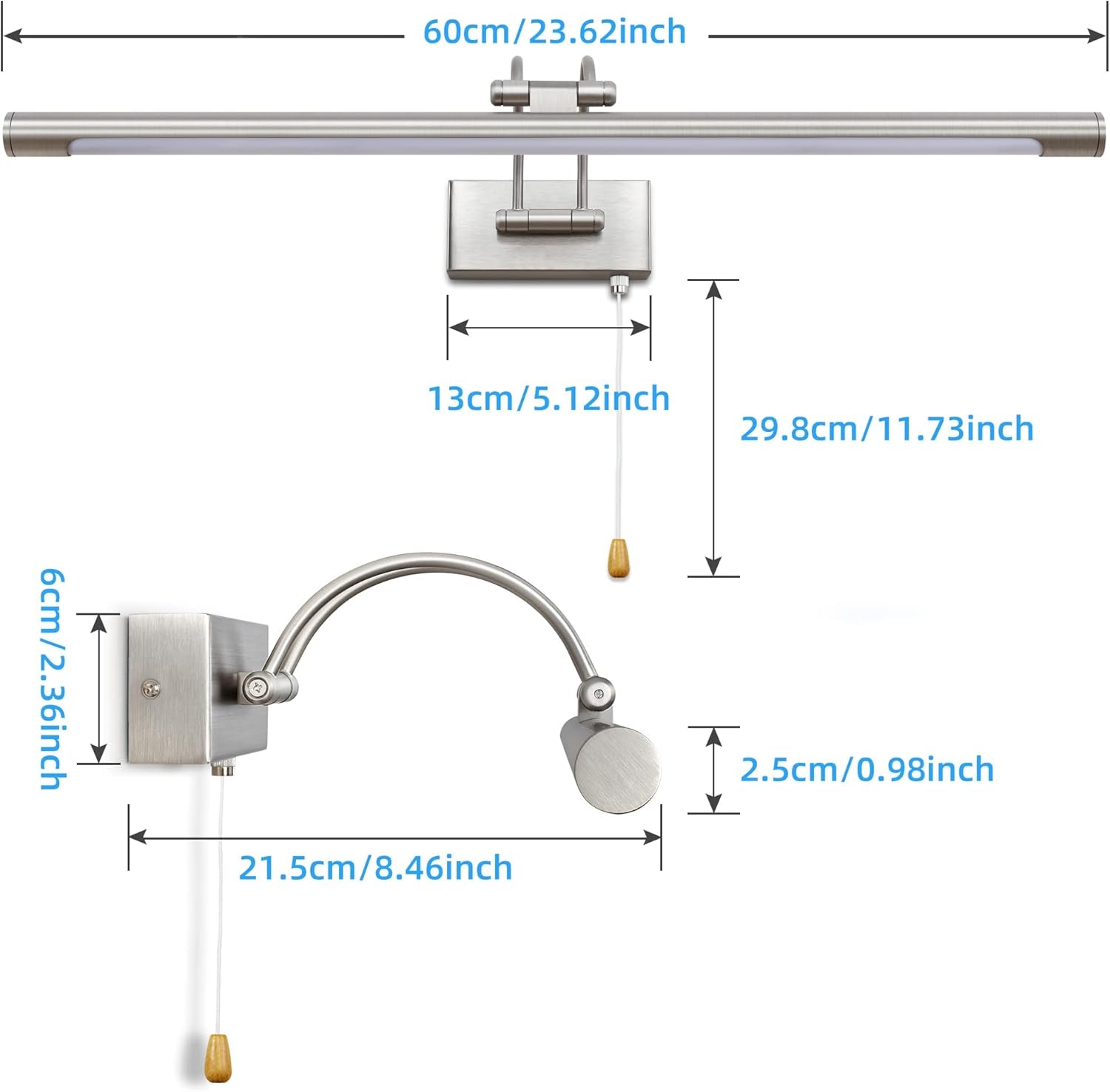 LED Applique Parete Lampada 60Cm 12W Illuminazione Specchio Da Bagno IP44 3000K Nichel Regolabile Braccio Luce Dell'Immagine Luci Lettura Comodino Interni Applique Da Parete Con Tirare L'Interruttore