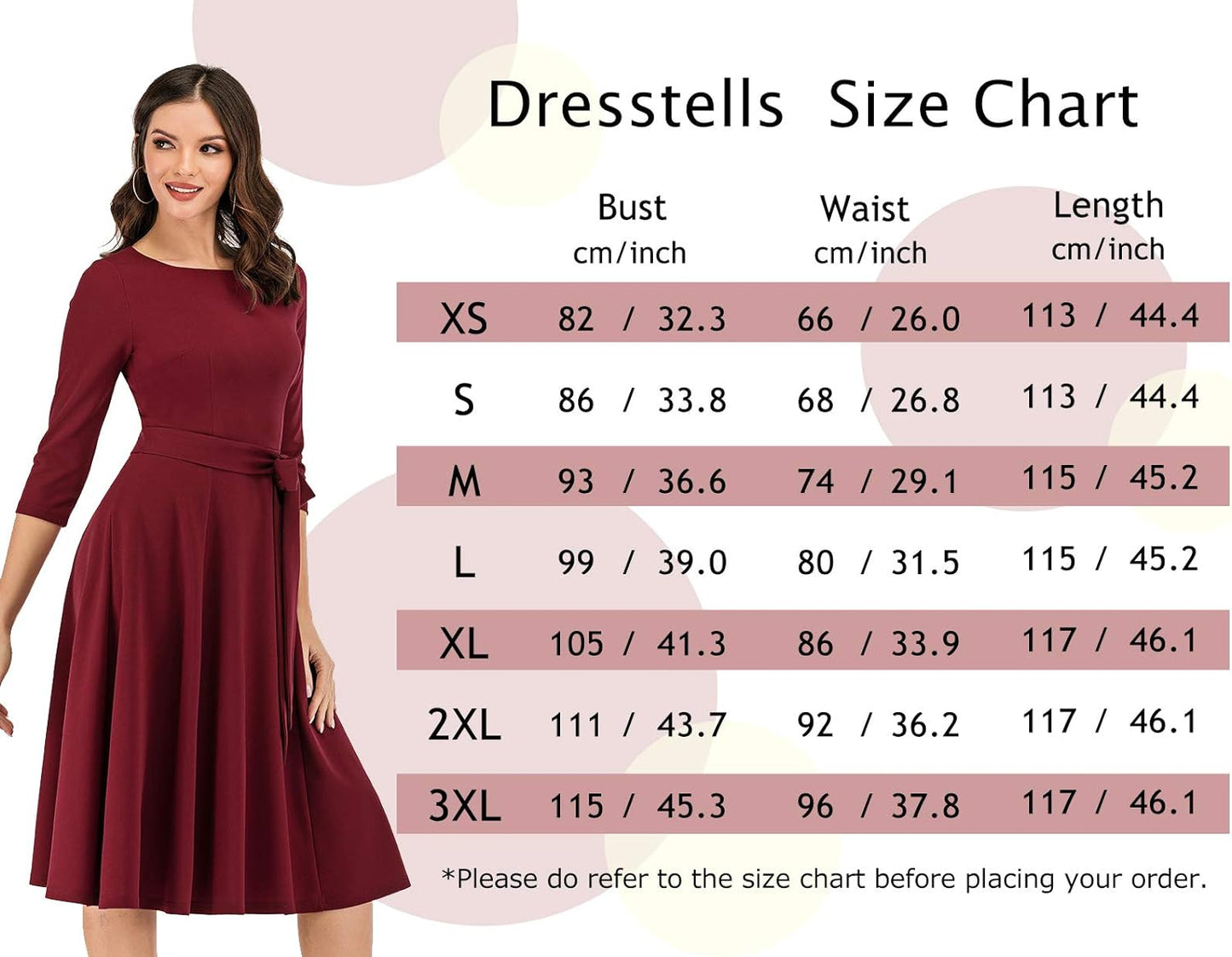 DRESSTELLS Abiti Rockabilly da donna Girocollo con maniche a 3/4 Abito festivo Abito da cocktail midi a trapezio vintage retrò swing