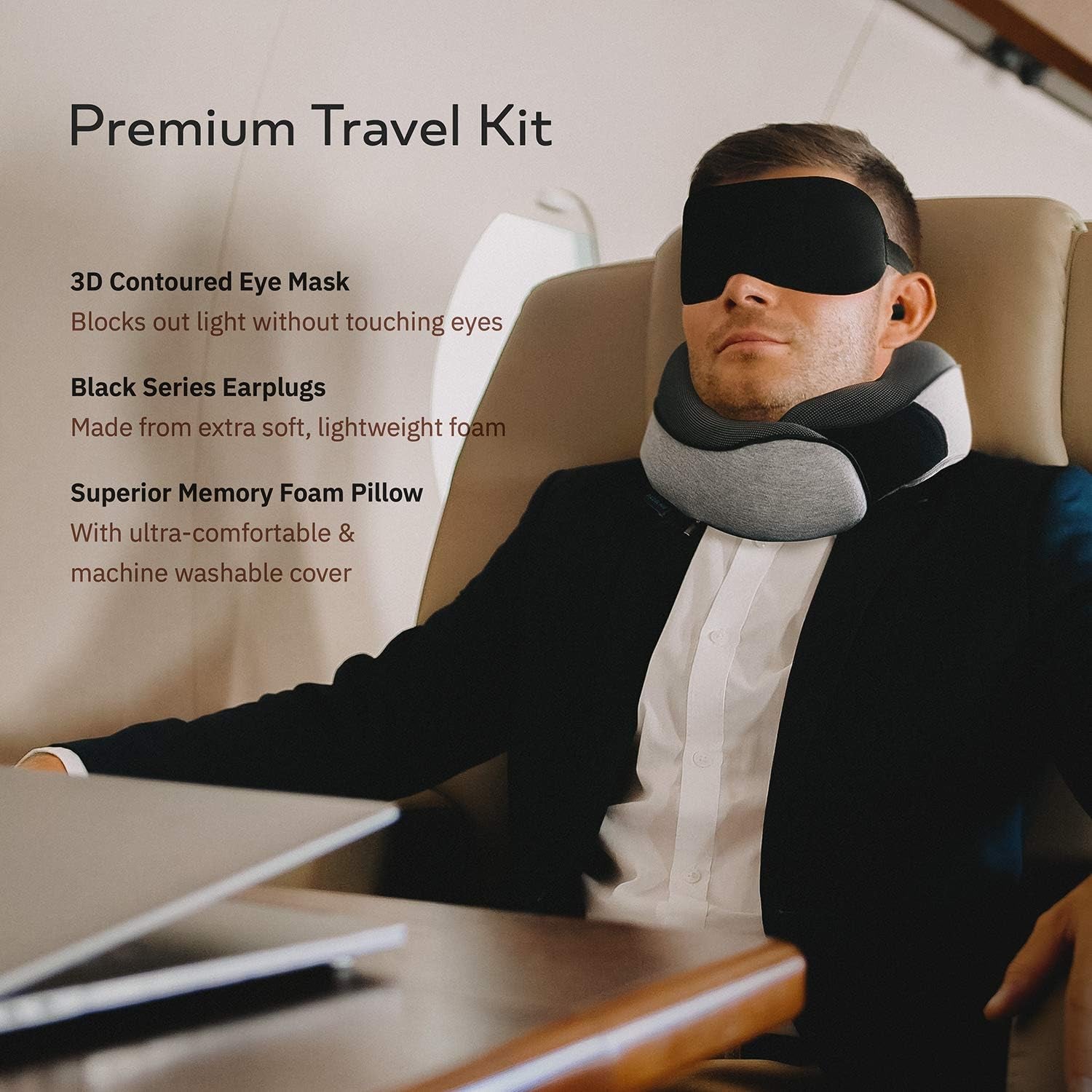 Cuscino Da Viaggio per Collo - Cuscino Cervicale, 100% Memory Foam, Cuscino per Dormire, Ideale per Viaggi in Aereo, Auto, Treno, Con Mascherina 3D, Tappi Orecchie E Borsa in Rete, Grigio