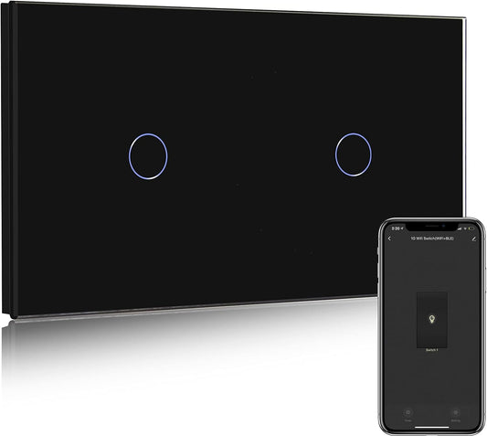 Interruttore Della Luce Smart Alexa, 1 Scomparto a 2 Vie, + 1 Scomparto a 2 Vie, Wifi, Funziona Con Amazon Alexa E Google Home, Interruttore Touch Screen in Vetro Nero (Necessario Filo Neutro)