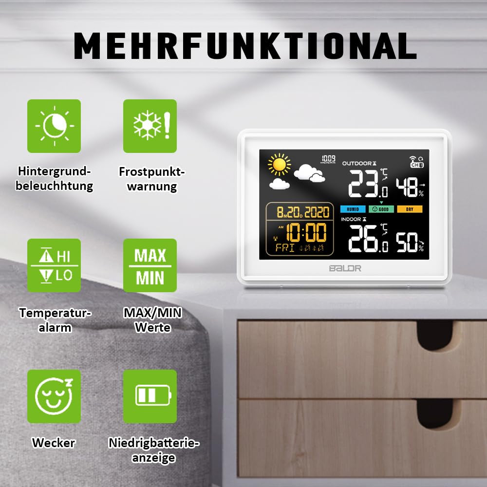 Stazione Meteo Radio Con Sensore Esterno, Orologio Radio DCF, Display a Colori Con Grandi Numeri Di Temperatura Interna Ed Esterna, Illuminazione Permanente, Previsioni Meteo, Visualizzazione