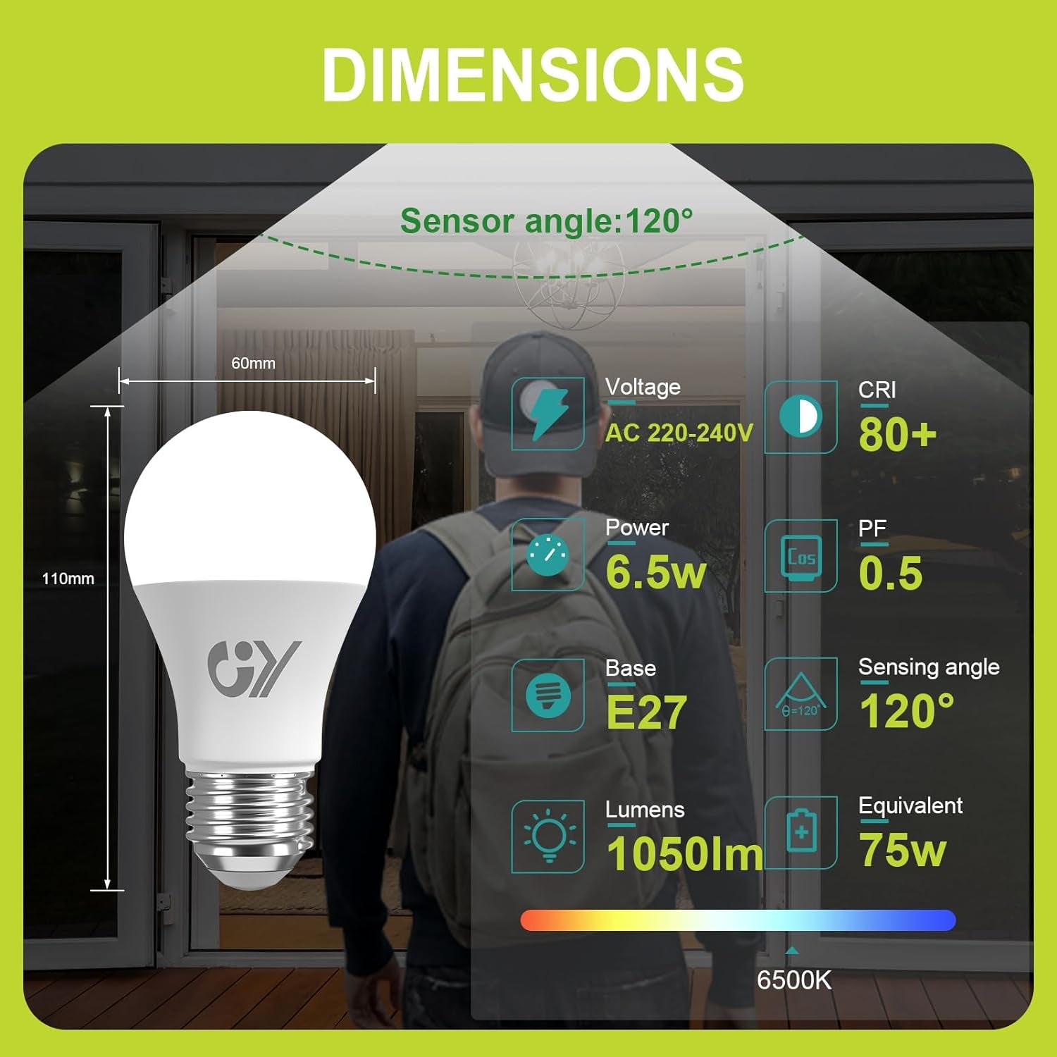 Lampadina Con Sensore, E27 Lampadine LED Con Sensore Di Movimento/Di Luce, 6.5W (Equivalenti a 75W), 6500K Luce Fredda, Auto On/Off, 1050 Lumen per Veranda, Porta D'Ingresso, Corridoio, 4 Pezzi