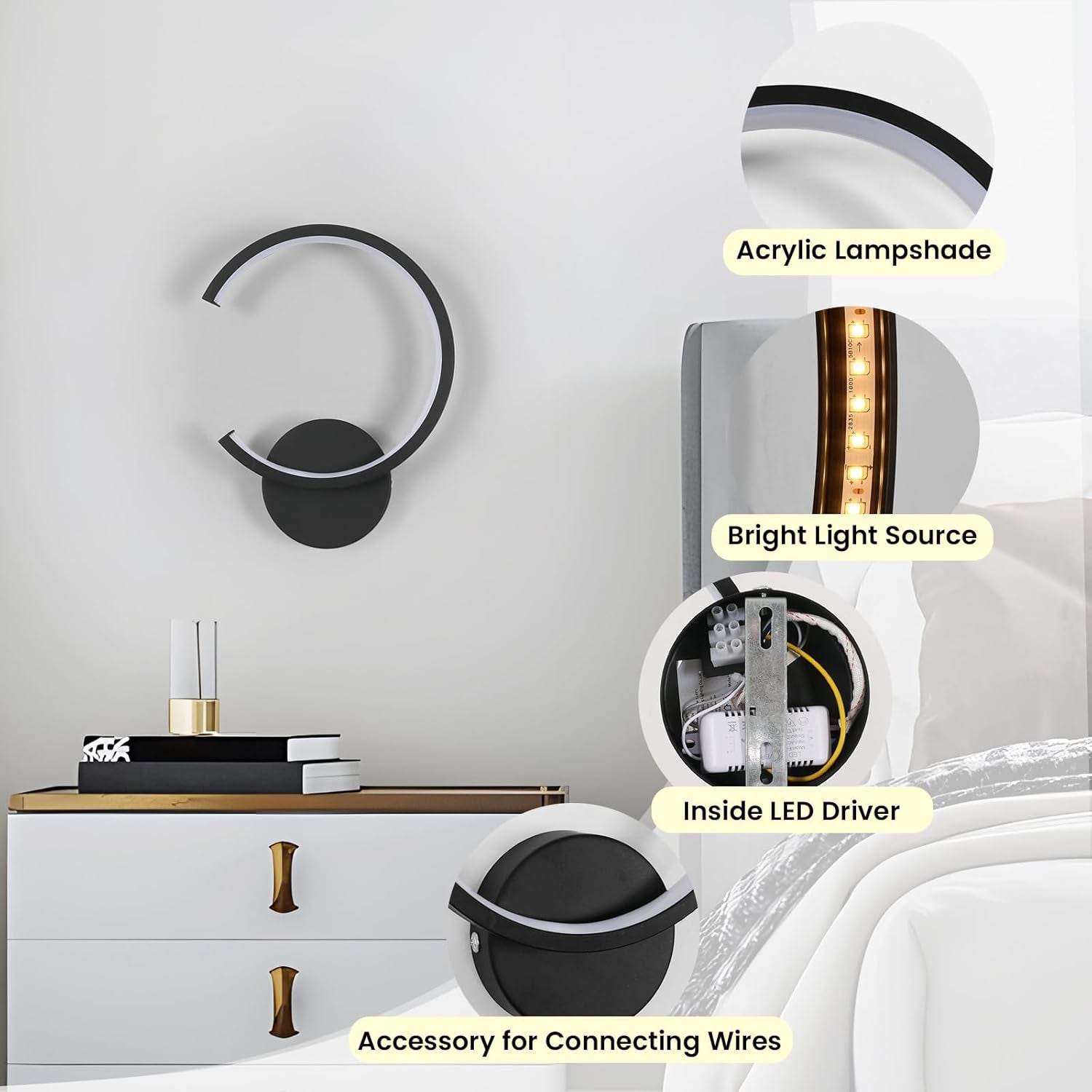 Applique LED Da Parete Moderno, 10W Rotonda Lampada Da Parete Interno, 3000K Bianco Caldo Lampada a Muro per Camera Da Letto, Soggiorno, Corridoio, Scala, Nero