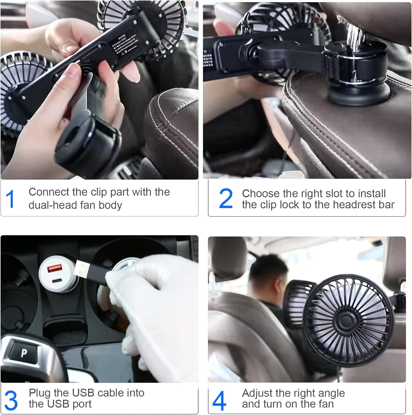 5V 2A Ventilatore Auto a Doppia Testa per Poggiatesta, Ventilatori USB Ventilatore Portatile Ventilatore Silenzioso Raffrescatore D'Aria Con 3 Velocità, 360° Ventilatore Da Tavolo Silenzioso