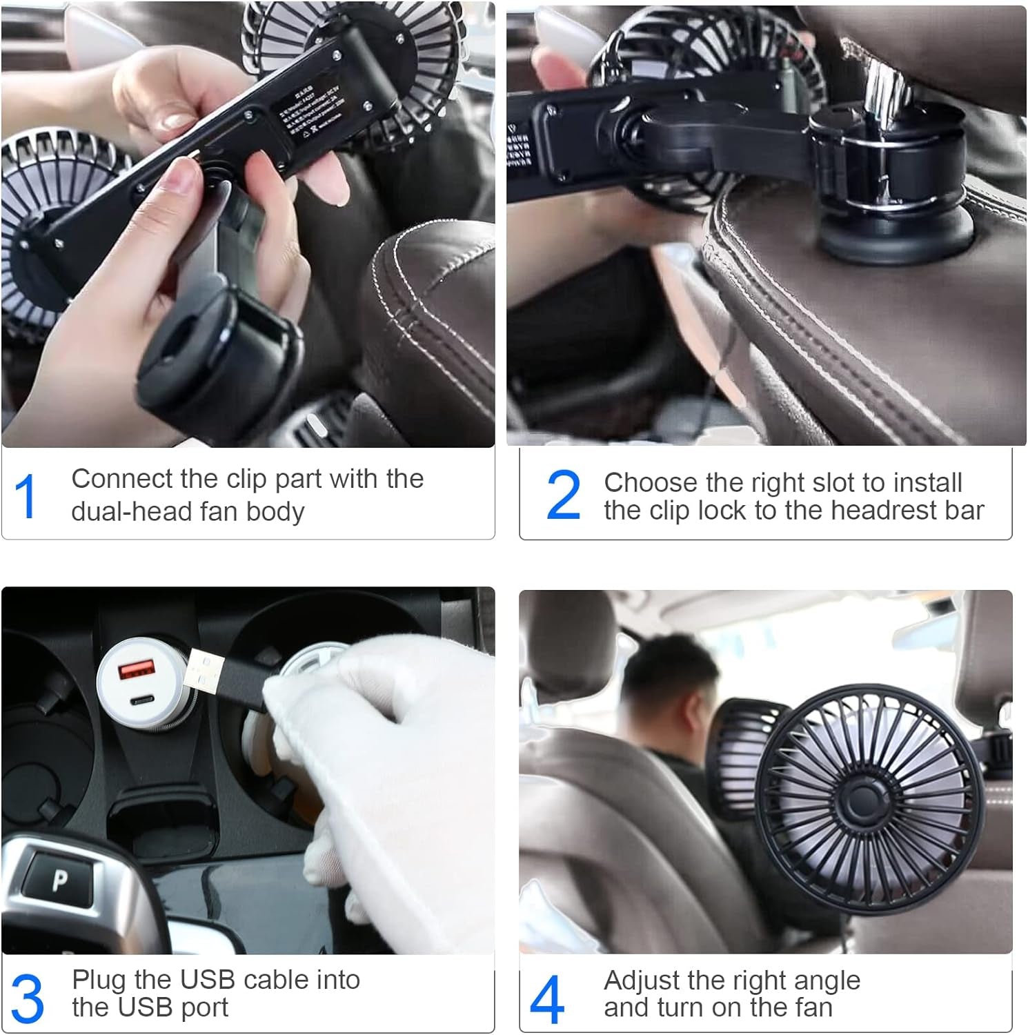 5V 2A Ventilatore Auto a Doppia Testa per Poggiatesta, Ventilatori USB Ventilatore Portatile Ventilatore Silenzioso Raffrescatore D'Aria Con 3 Velocità, 360° Ventilatore Da Tavolo Silenzioso
