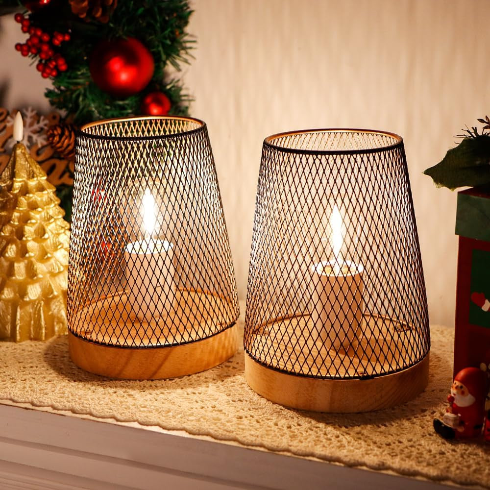 - Set Di 2 Lampade Da Tavolo in Stile Retrò, Con Base in Legno, 18 Cm Di Altezza, Senza Fili, Con Illuminazione Geometrica a Batteria, per Casa, Bar, Bar, Interni Ed Esterni (Bronzo)