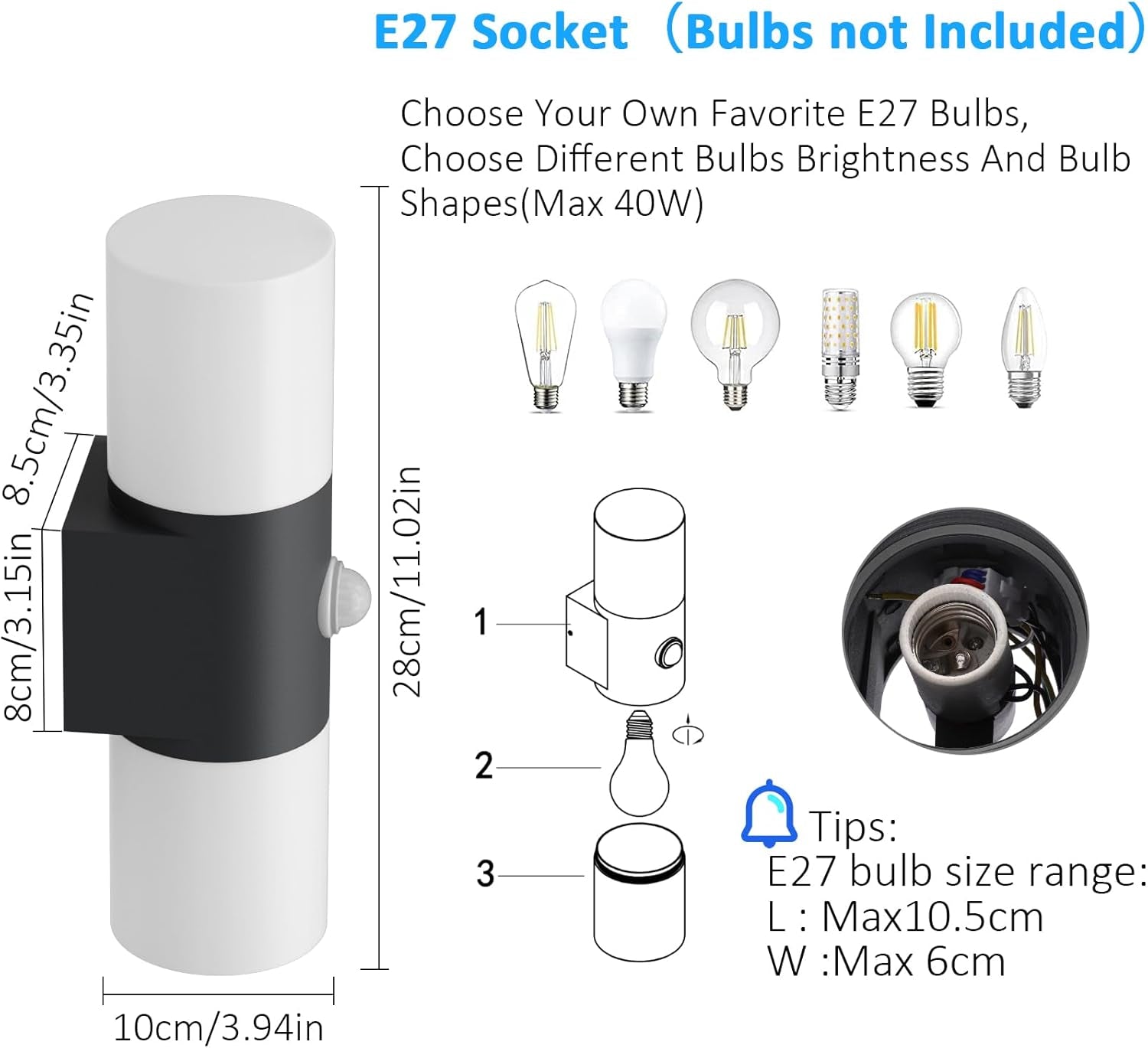 Applique Da Parete E27 Esterno Interno, Nero Su Giù IP54 Lampada Da Parete Moderno Con Sensore Di Movimen, Alluminio Luci Da Parete, per Balconi Giardini, 40W Max, Non Inclusa Lampadina