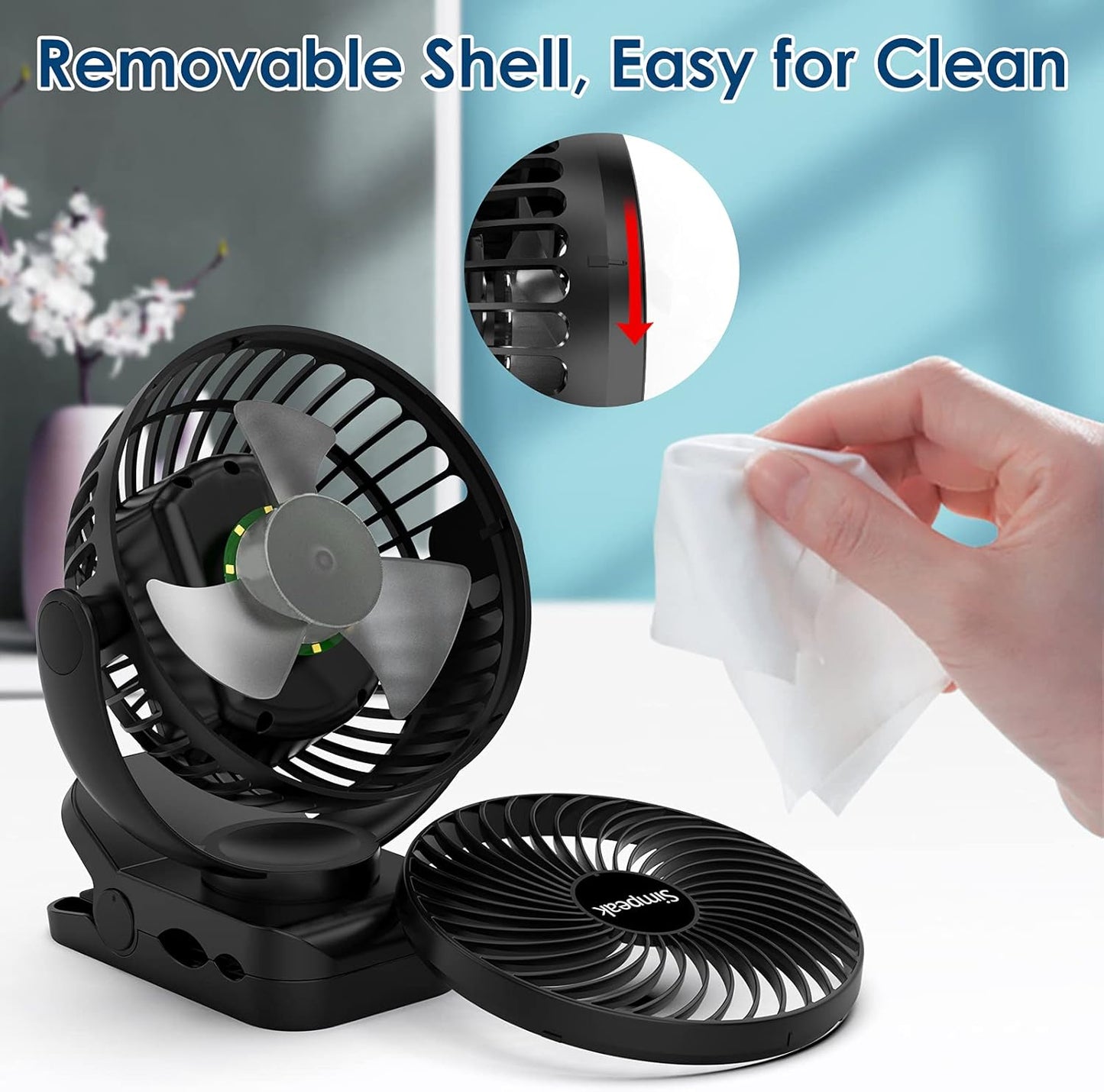 10000Mah Ventilatore Tavolo Clip Ventilatori USB Ricaricabile 3 Velocità 720 ° Angolo Regolabile Ventola Con Illuminazione Telecomando per Campeggio Casa Ufficio Passeggini Viaggi, Nero