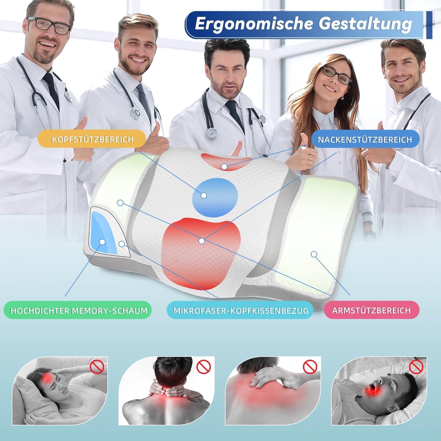 Cuscino Cervicale, Cuscino Ergonomico per Dolori Al Collo, in Memory Foam, Cuscino Ortopedico per Donne, Uomini, Cuscino Anti-Russare per Fianchi, Schiena E Pancia (67,3 X 38,2 X 13,8/3 Cm)
