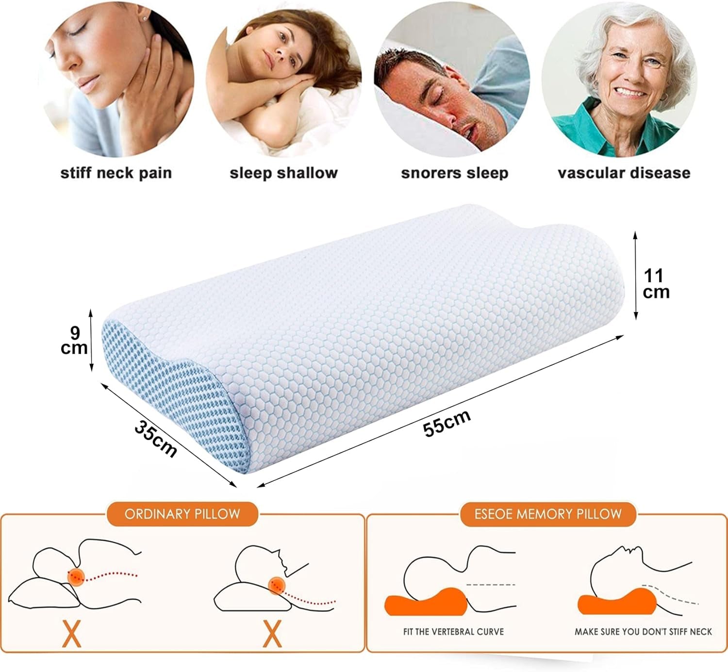 2025 Memory Foam Cuscino Cervicale per Dormire，Cuscino Ergonomico Di Sostegno Al Collo per Chi Dorme Sul Fianco E Sulla Schiena Federa Bamboo Lavabile