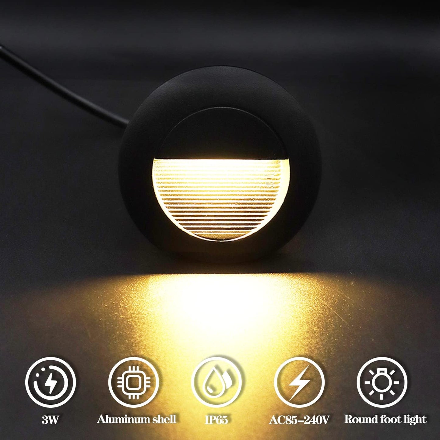 4Er Applique LED Da Incasso per Scale, 3W 3000K Tonde Applique Da Parete, 65Mm Luci Scale Con Scatola Da Incasso Illuminazione Da Parete, IP65 in Alu, per Interno Esterno Scale Giardino, Nero