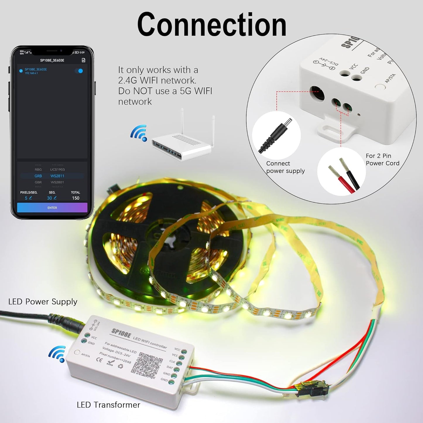 SP108E Controller Wifi DC 5-24V per Strisce LED, Controllore Wifi Dell'App Ios Android per Striscia LED RGBW WS2812 WS2813 WS2815 [Classe Di Efficienza Energetica A]