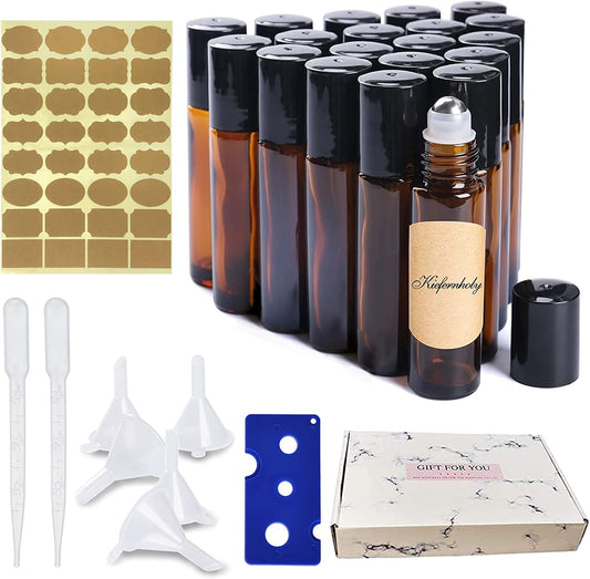 Bottiglie di vetro arrotolabili da riempire, bottiglie di vetro vuote, sfera in acciaio inossidabile, 20 bottiglie di olio essenziale Bottigliette vuote da 10 ml, con 5 imbuti, 2 siringhe e 1 adesivo - marrone