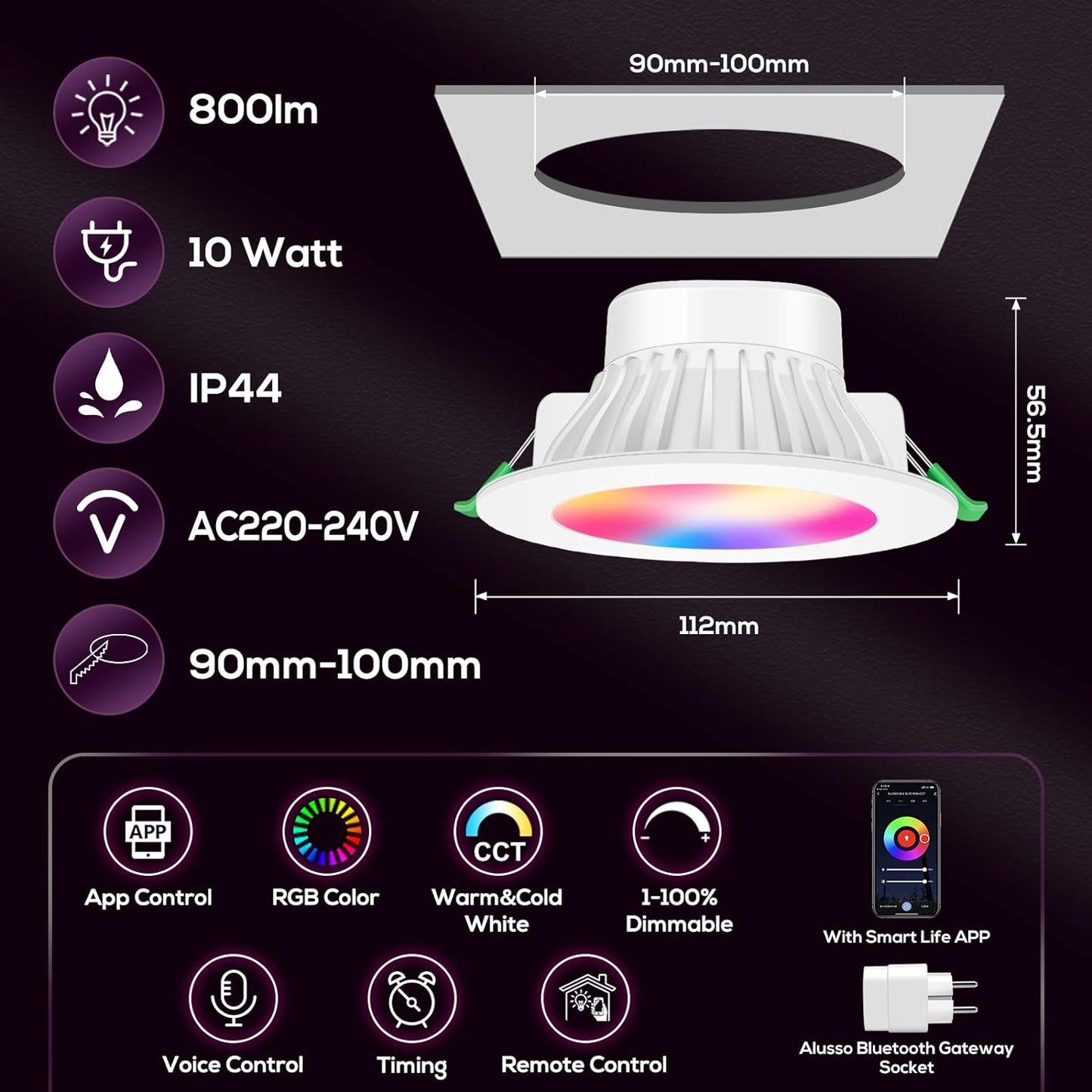 - Lampada Da Incasso a LED Con Bluetooth, 10 W, Dimmerabile, RGB+CCT, Con Lunetta Bianca E Cromata, Sostituibile, Compatibile Con Alexa E Google Assistant, Confezione Da 4