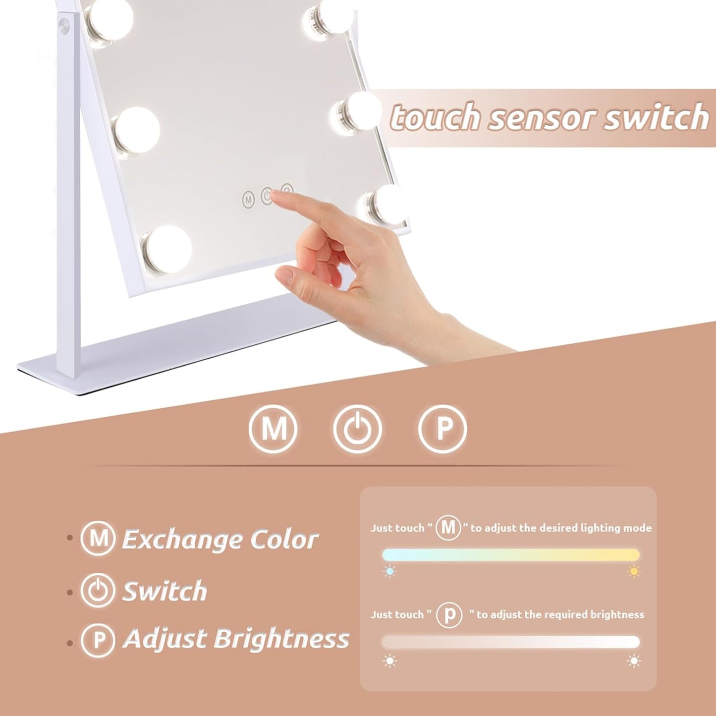 Specchio Da Trucco Con Luci Luce Hollywood Specchio Con a 3 Colori E 12 Lampadine a LED Dimmerabili Specchio Hollywood Da Tavolo Touch Screen Regolabile a 360 Gradi