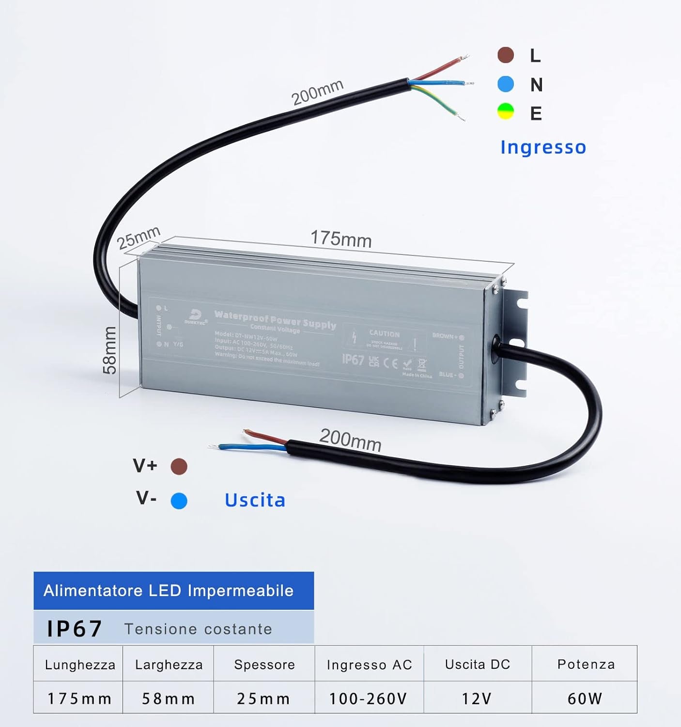 Trasformatore LED 12V 60W, 5A Alimentatore 220 12V DC, IP67 LED Driver Impermeabile per Esterni, Adattatore LED a Tensione Costante per Strisce LED Luci per Armadi E Lampadine LED -