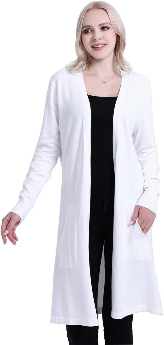 Cardigan Lungo Da Donna Leggero a Maniche Lunghe Aperto Cappotto Lavorato a Maglia Con Tasche