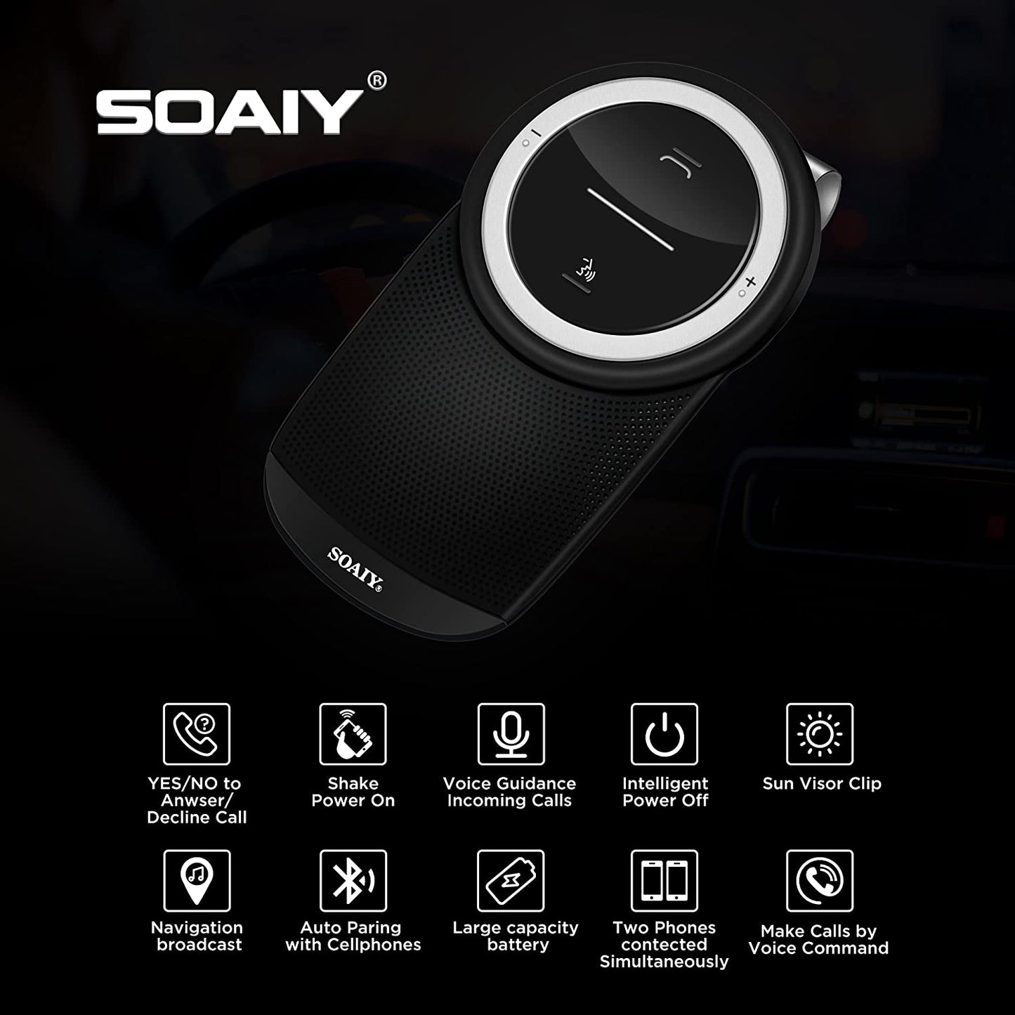 [Versione Aggiornata] S61 Kit Bluetooth Vivavoce per Auto Con Comandi Vocali E Supporto per Aletta Parasole, Bluetooth Car Phone Funziona Con GPS, Musica